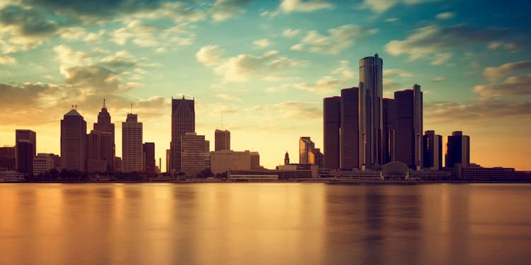 Detroit skyline at sunset